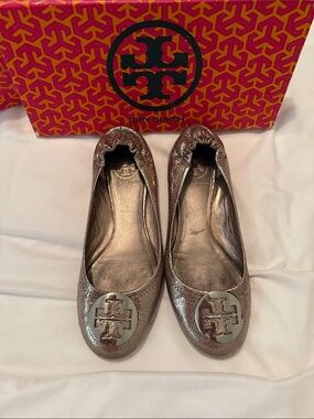 Tory Burch Metallic Bronze Logo Ballet Flats